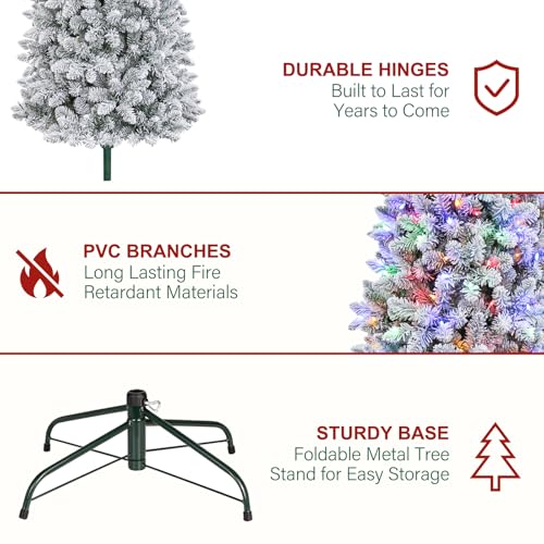 Slim Snow Flocked 6ft Christmas Tree with 200 LED Lights & 10 Modes - Prelit, Hinged Design