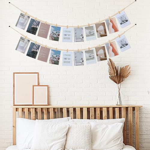 Bohemian Wood Bead Photo Display Garland with 10 Clips, 54.8-inch Wall Decor