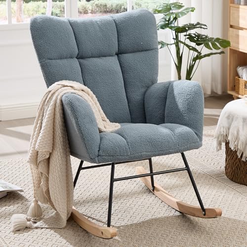Teddy Fleece Nursery Rocking Chair with Tufted Back and Solid Wood Frame