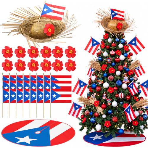 Irenare Puerto Rico Christmas Tree Decor Kit with Flag Skirt & Toppers, 35.4 Inch