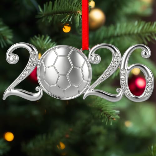 FlyAB 2026 Soccer Ornament Silver Metal with Crystals, 4-soccer