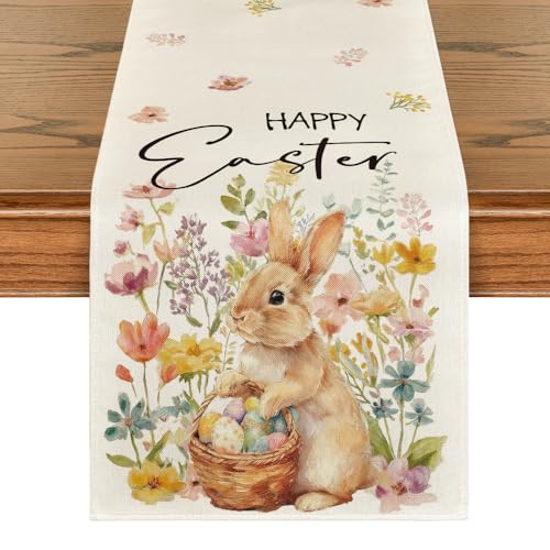 Artoid Mode 13x120 Inch Easter Table Runner with Bunny Eggs Flowers in Beige