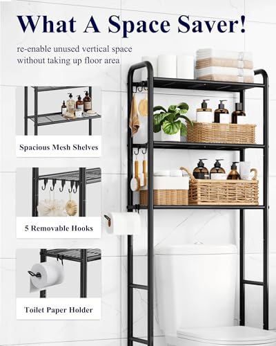 Kitsure 3-Tier Over the Toilet Storage Rack - Metal Bathroom Organizer, Black