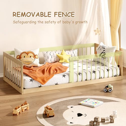 Montessori Twin Floor Bed Frame with Removable Guardrails, Solid Wood
