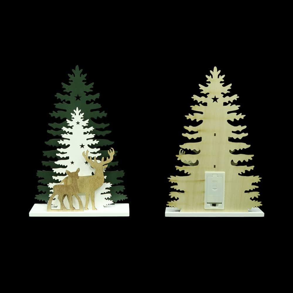 Supergorea Lighted Christmas Tabletop Decorations - Wooden Tree & Deer Decor | LED Battery-Powered, 12.7 Inch
