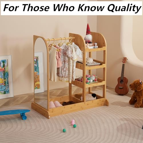 Kids Wooden Dress-Up Storage Wardrobe with Mirror and Hanging Rack