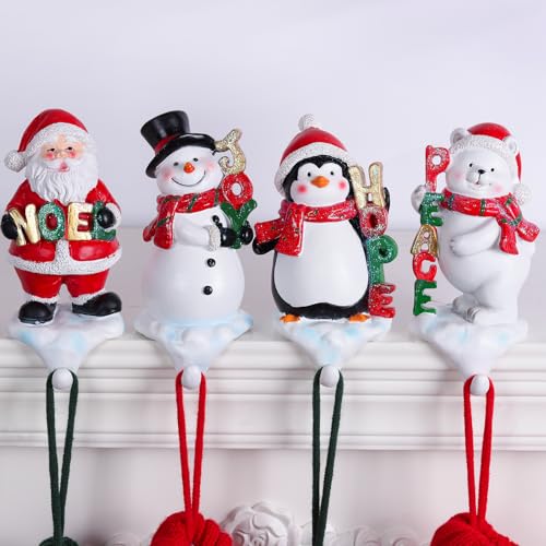 XENTUMI 4-Pack Christmas Stocking Holders with 3D Santa Snowman Penguin Polar Bear