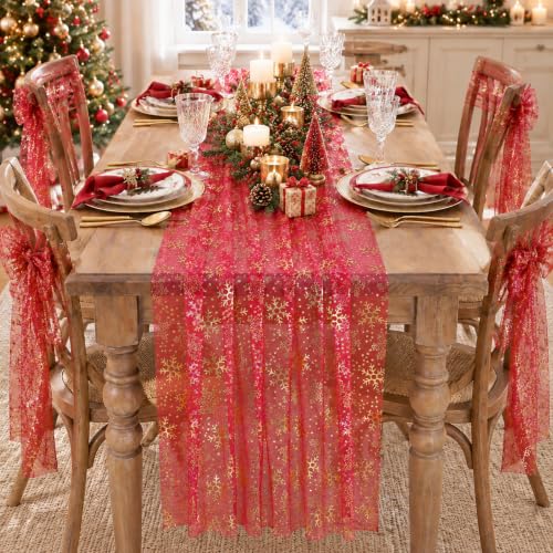Christmas Table Runner Snowflake Gauze Glitter Foil 29x120in 3pc - Red Gold