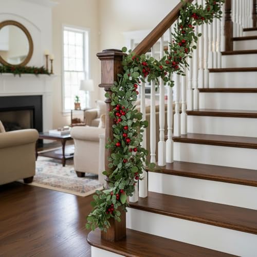 XunYee 1 Pcs 6ft Artificial Eucalyptus Garland with Red Berries – Christmas Holiday Decor (Variation: THIS listing: 1)