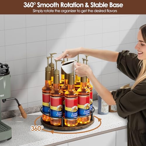 9-Bottle Rotating Coffee Syrup Rack, Carbon Steel and Wood Organizer
