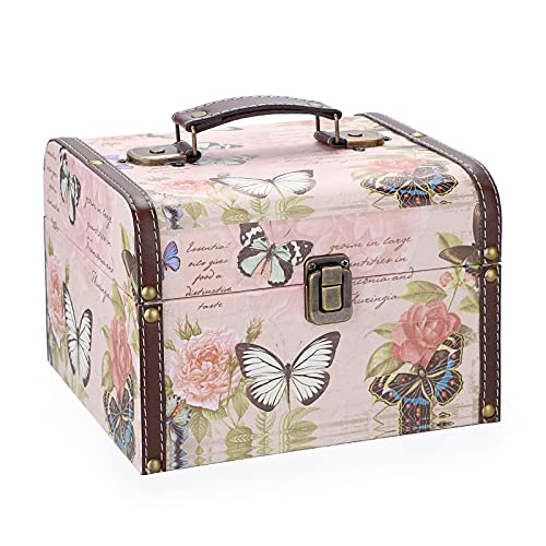 Large Vintage Wooden Treasure Chest Jewelry Box with Butterfly Pattern