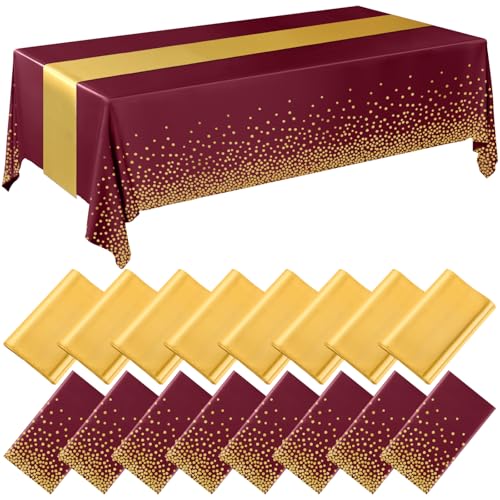 Breling Burgundy and Gold 16-Pack Tablecloths & Satin Runners Set - 54x108in Tablecloths, 12x108in Runners