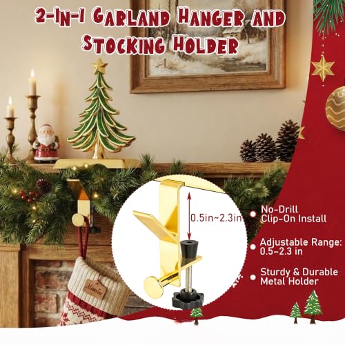 JUSTOTRY Green & Gold 4-Piece Christmas Stocking Holders for Mantle - Adjustable & No-Drill Garland Hangers