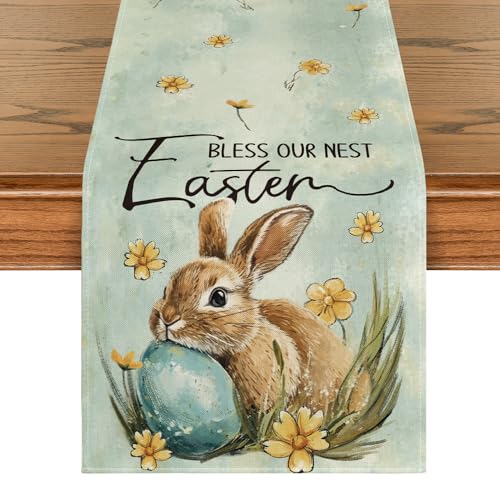 Artoid Mode Bunny Rabbit Egg Flowers Easter Table Runner 13x90 Blue Seasonal Decor
