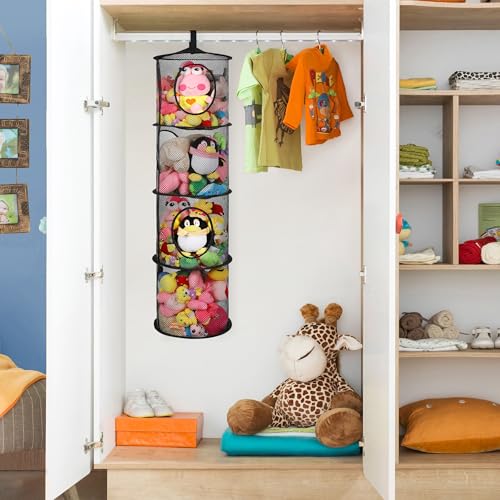 4-Tier Hanging Stuffed Animal Storage Organizer, Mesh Toy Net for Kids Room
