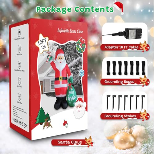 12ft Giant Christmas Inflatable Santa with Candy & Gift Bag - LED Lighted Outdoor Yard Decor