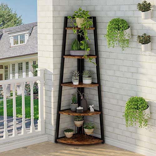 5-Tier Tall Corner Bookshelf, Industrial Rustic Corner Storage Shelf