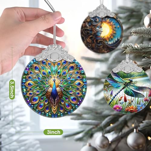 Peacock Stained Glass Ornament - PEMIRSAYO Peacock Christmas Tree Decor (3" x 3.5")