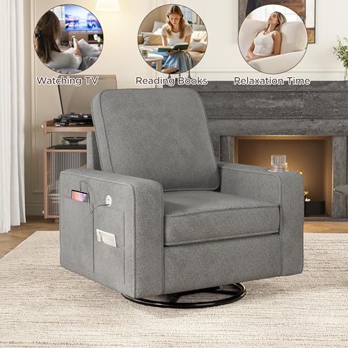 Modern Swivel Accent Chair with USB Charging, Cup Holder and Side Pocket