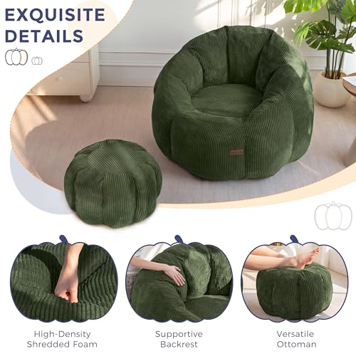 Oversized Bean Bag Chair with Ottoman, Pumpkin Lounge Chair in Green