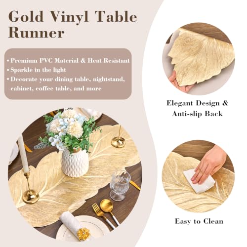Evevda Gold Table Runner 36 In. with Gold Leaf Vinyl, Heat-Resistant