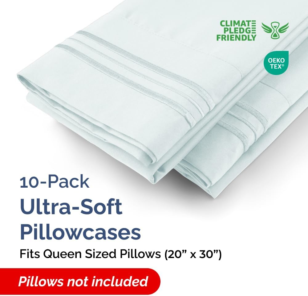 Queen Pillow Cases by [Brand Name] - Ultra Soft Hotel Quality - Wrinkle Free, Stain Resistant - 10 Piece Set in Ice Blue