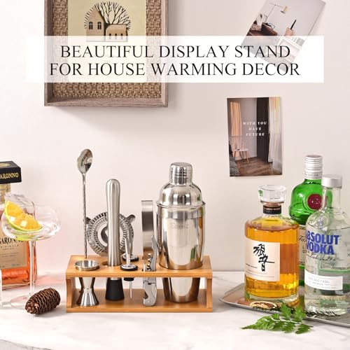 Eocolz Burlywood Silver 11-Piece Cocktail Bar Set with Stand, Shaker, Jigger & More