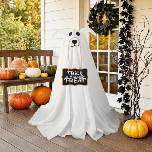 Zesua 2.3 FT Light-Up Ghost Dog Halloween Decoration with Trick or Treat Sign
