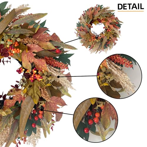 20-Inch Artificial Fall Wreath with Maple Leaves and Berries for Front Door