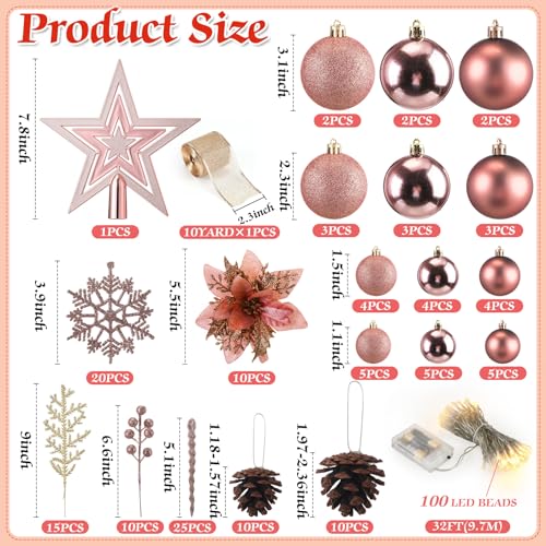 Canlierr Rose Gold Christmas Ornaments Set - 145 Pieces Shatterproof Holiday Decor