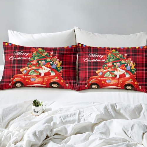 Castle Fairy Merry Christmas Twin Bedding Set with Santa Claus & Car Pattern, 68x90 Duvet Cover & Pillowcase, Red & Black Decor