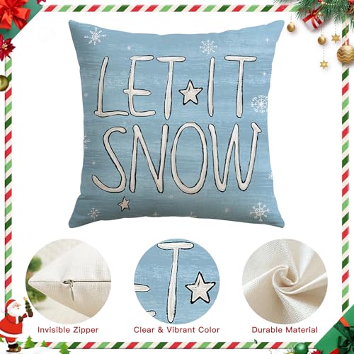 OTOSTAR Merry Christmas Throw Pillow Covers 18x18 in. Light Blue – Set of 4, Xmas Tree Let It Snow Snowflake