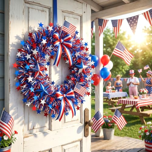 Red White Blue Star Tinsel Garland - 32.8ft Patriotic 4th of July Decor (2 Pack)