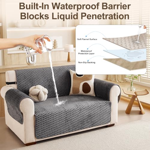 Waterproof Plush Couch Cover for Dogs & Cats, 2 Cushion Slipcover - Grey