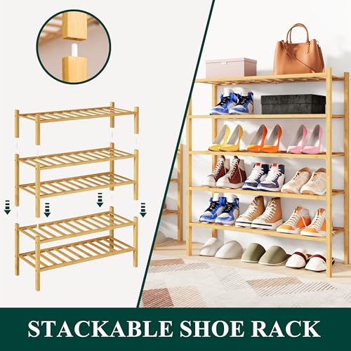 3-Tier Bamboo Shoe Rack - Stackable Wooden Shoe Organizer, 27-Inch Wide