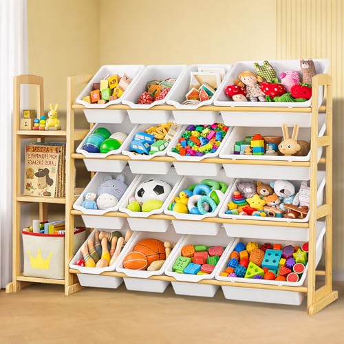 Kids Toy Storage Organizer with 16 Bins & 3 Shelves - Wooden Playroom Rack