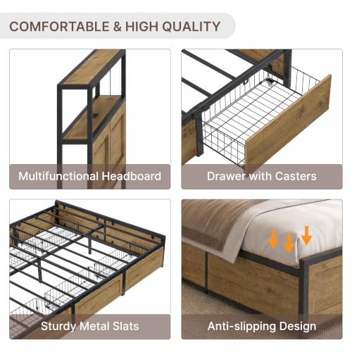Industrial Bed Frame Set with LED Lights, Charging Station & 6 Storage Drawers