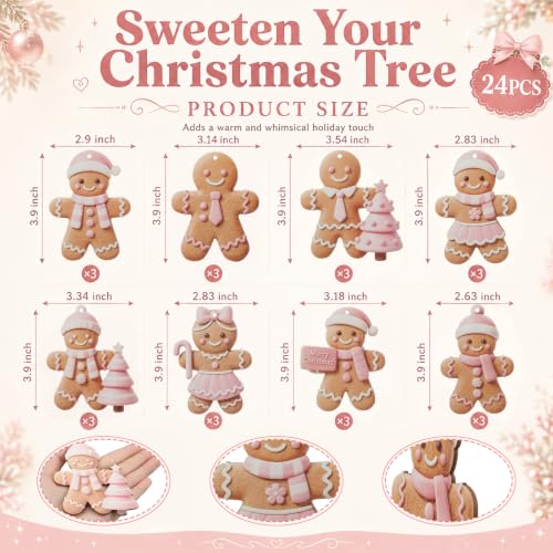 24 Pcs Pink Gingerbread Man Ornament Set - 3.94'' Wooden Christmas Decorations, Memorywuu