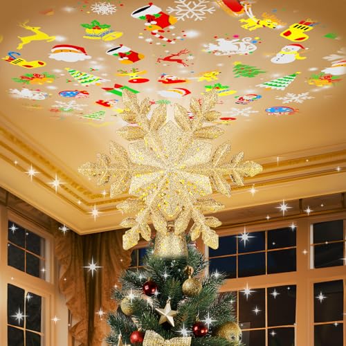 PliMook Lighted Snowflake Christmas Tree Topper with 6 Projection Slides, Rotating LED 3D Decor