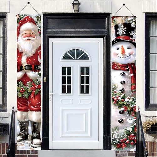 Saoplasa 2PCS Christmas Porch Banner Decorations Santa and Snowman Outdoor Sign 71x12 Inch Holiday Front Door Decor