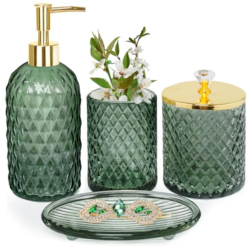 4-Piece Sage Green Glass Bathroom Accessory Set with Soap Dispenser