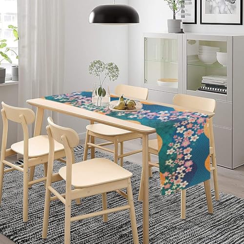 KANEPE Japanese Cherry Blossoms Table Runner 13x90in Cherry-Blue Seasonal Spring Decor