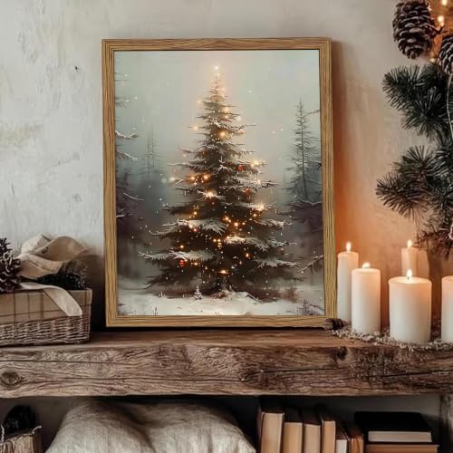 Vintage Christmas Wall Art Framed Snowy Tree Winter Scene 16x12 Inch