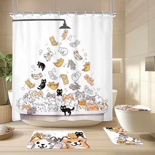Cute Kids Cartoon Cat Bathroom Shower Curtain Set with Non-Slip Rugs (4-Piece)