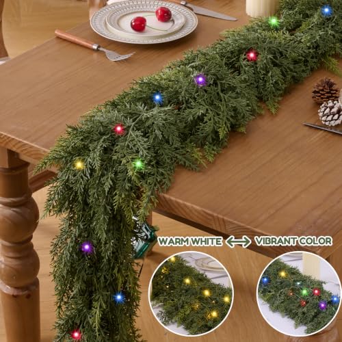 KIWDY 5FT Lit Cedar Garland with Lights - Realistic Faux Pine Deco for Mantle, Indoor/Outdoor