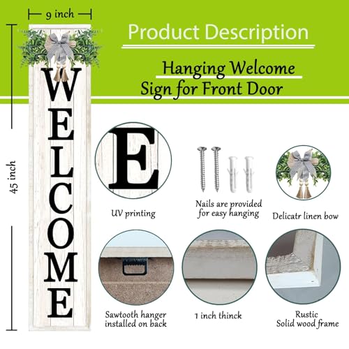 45-Inch Rustic Farmhouse Welcome Sign for Porch, White Wood Vertical Leaner