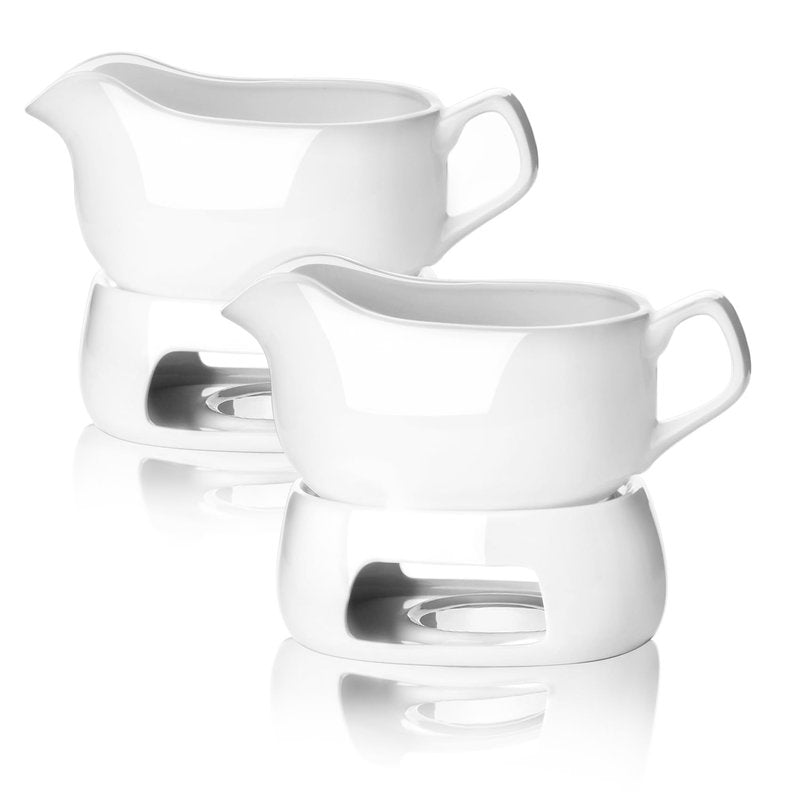 Nucookery Large 18 Oz Gravy Boat with Warmer, White Fine Porcelain Saucier With Big Dripless Lip Spout, Gravy Bowl For Thanksgiving, Warming Sauces, Salad Dressings, Microwave & Freezer Safe(Set of 2)