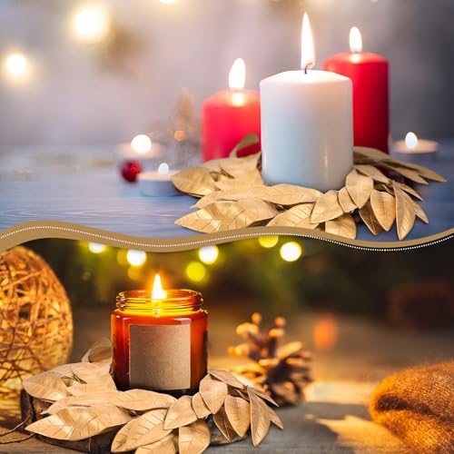Gold Bay Leaf Candle Ring Wreaths - 2-Piece Christmas Centerpieces (3.9 In)