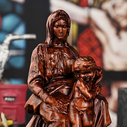 6 Inch Virgin Mary and Jesus Wooden Statue, Catholic Religious Figurine for Home & Christmas Decor
