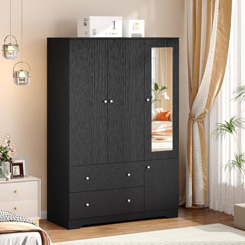 4-Door Freestanding Wardrobe Closet with Mirror, Drawers and Hanging Rods